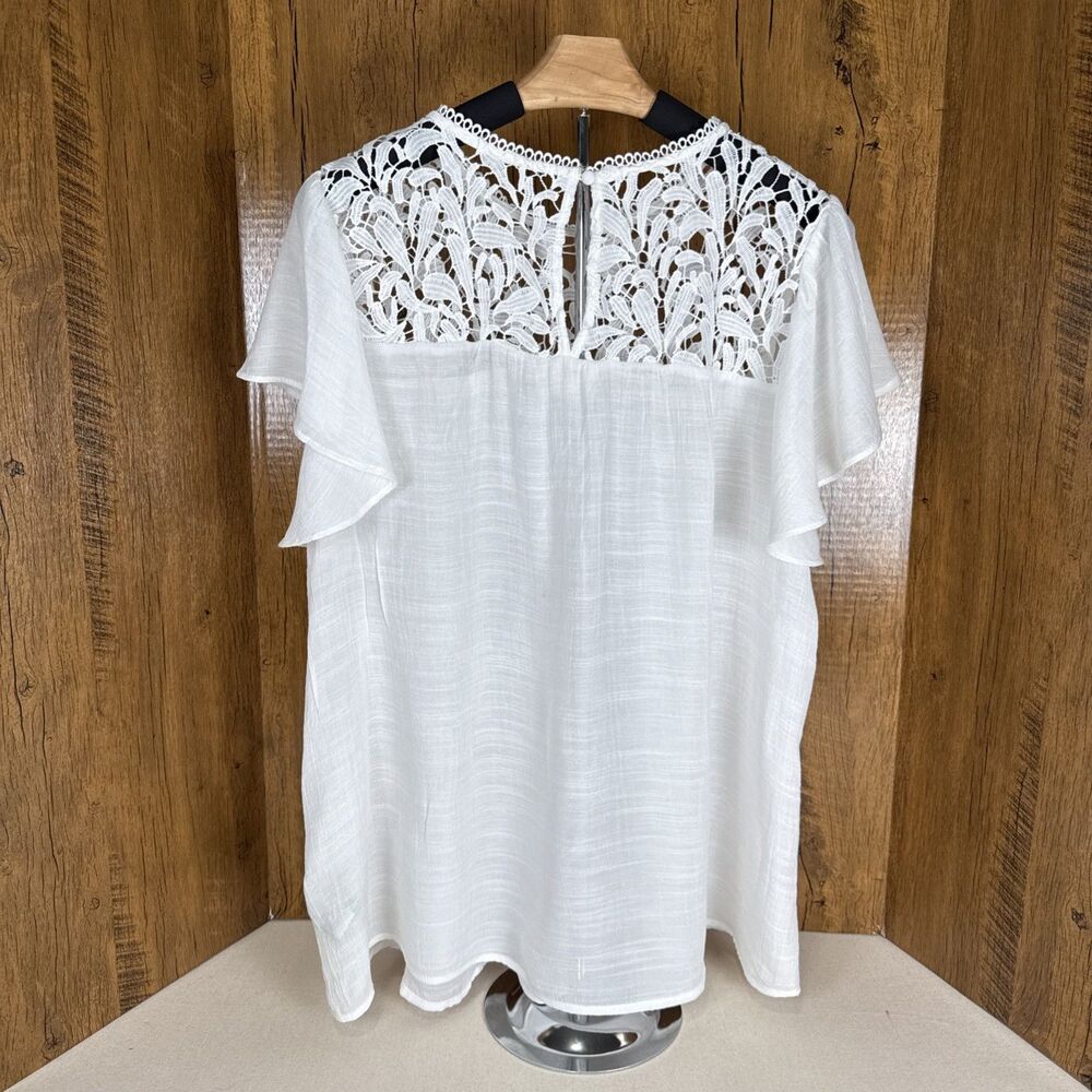 Perch White Lace Crochet Yoke Blouse 2X Flutter Sleeve Rayon Blend Boho Romantic - Picture 2 of 10
